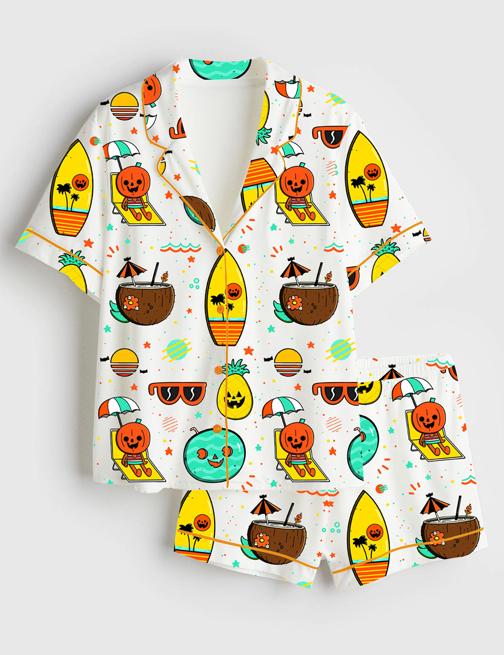 Women’s Summerween Spooky Beach Vibes Pumpkin Trendy Summer Print Short Sleeve Satin Pajama Set