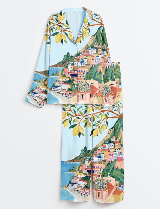 Women’s Positano Italy Travel Amalfi Coast Italy Roma Summer Beach Print Long Sleeve Satin Pajama Set