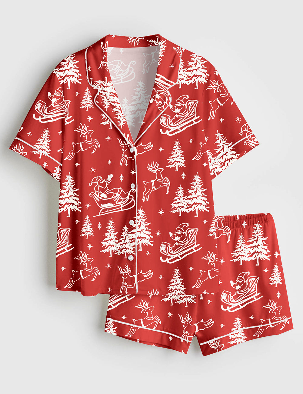 Women’s Red And White Christmas Santa Reindeer Short Sleeve Satin Pajama Set