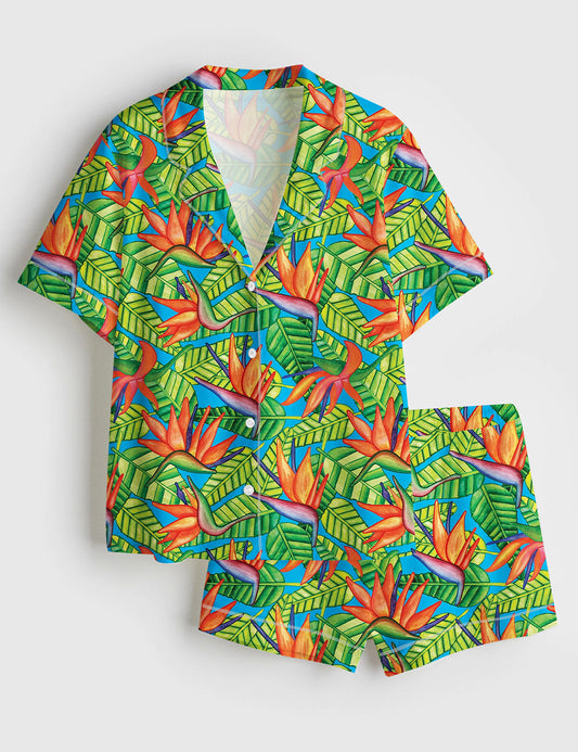 Women’s Bird Of Paradise Plant Strelitzia Short Sleeve Satin Pajama Set