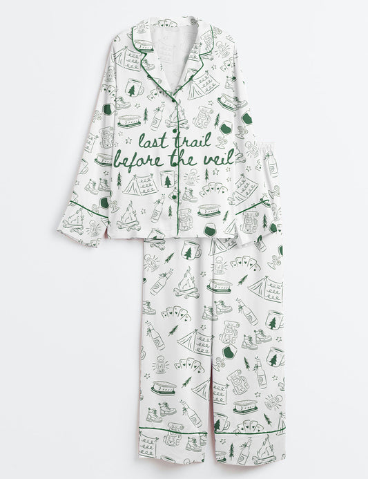 Women’s Last Trail Before the Veil Camp Bachelorette Mountain Bride Hiking Bridal Party Long Sleeve Satin Pajama Set