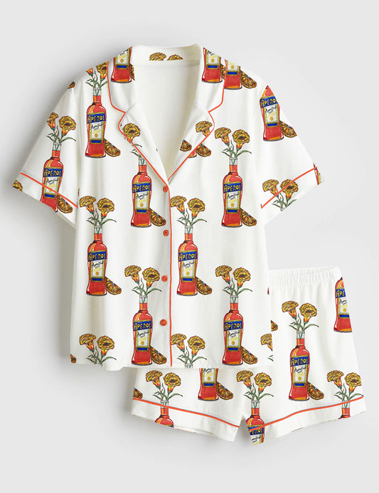 Women’s Aperol Spritz Trio Flower Short Sleeve Satin Pajama Set