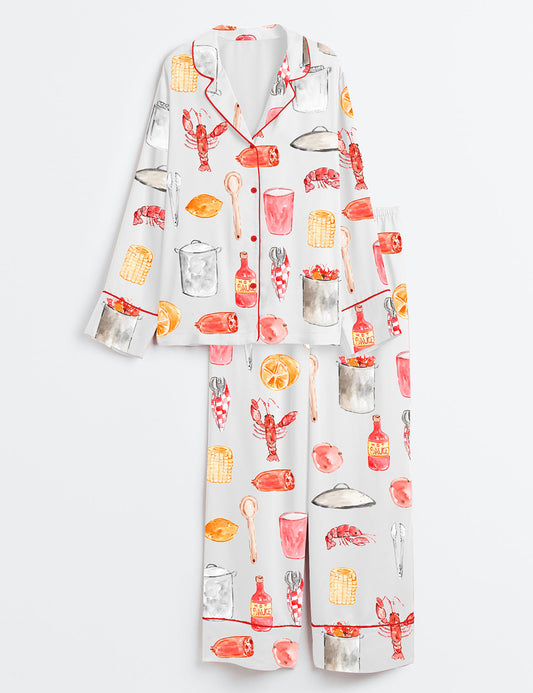Women’s Crawfish Boil Watercolor Summer Seafood Print Long Sleeve Satin Pajama Set