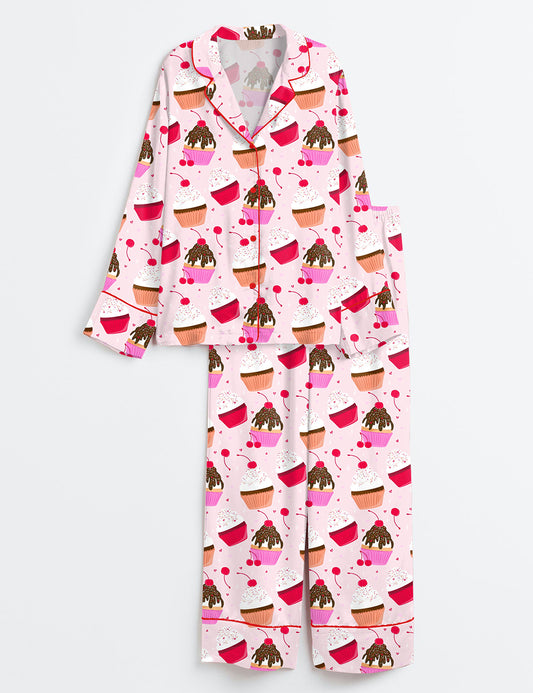 Women’s Pink Cupcake Long Sleeve Satin Pajama Set