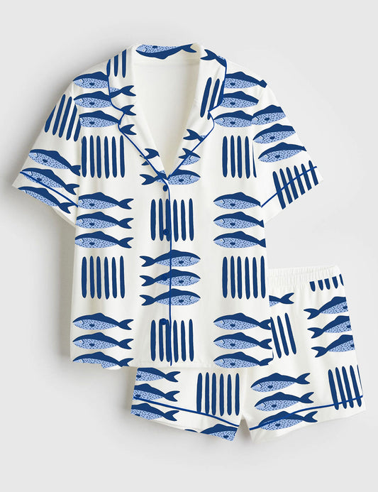 Women's Fish Art Short Sleeve Satin Pajama Set
