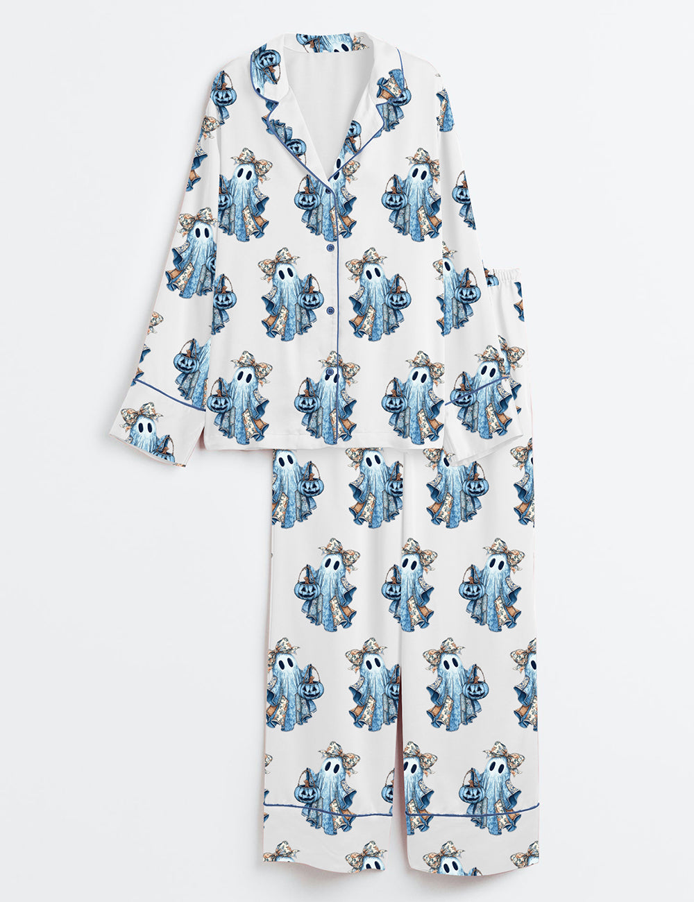 Women’s Retro Halloween Blue Denim Ghost Fall Pumpkin Long Sleeve Satin Pajama Set