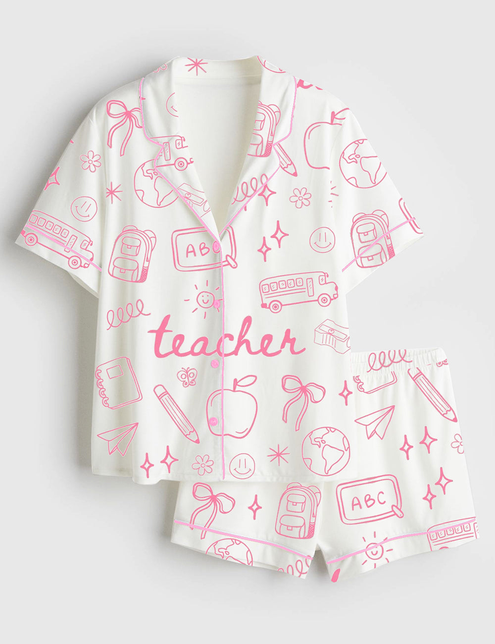 Women’s Teacher Doodle Coquette Pink Bows Back To School Short Sleeve Satin Pajama Set