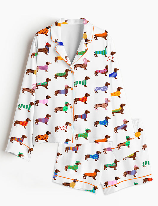 Women's Dachshund Dog Love Long Sleeve Short Pants Satin Pajama Set