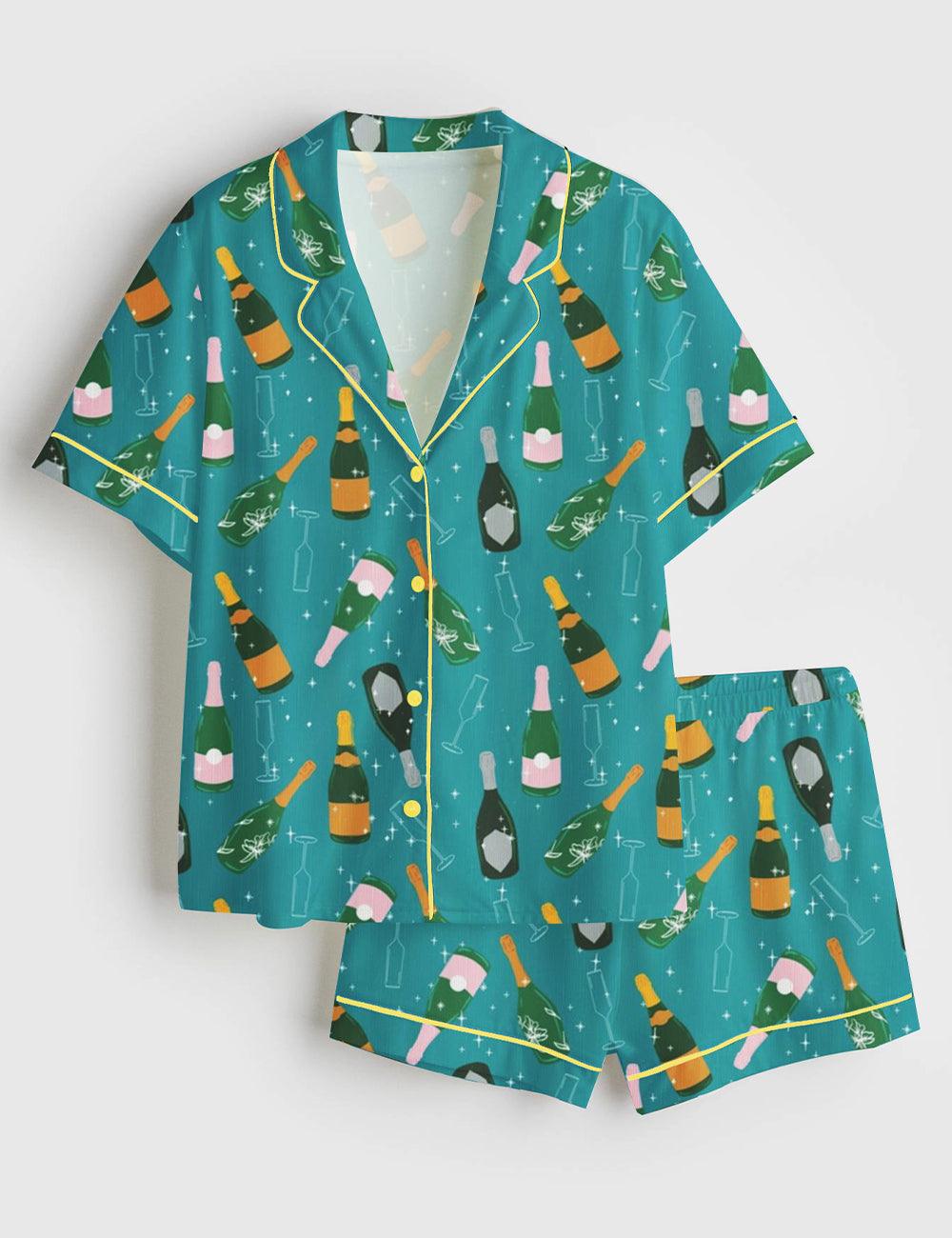 Women's Champagne Bottle Party Short Sleeve Satin Pajama Set
