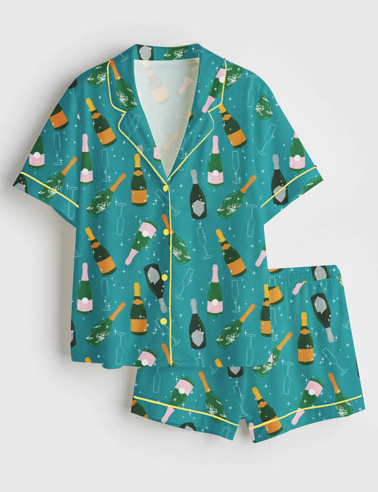 Women's Champagne Bottle Party Short Sleeve Satin Pajama Set