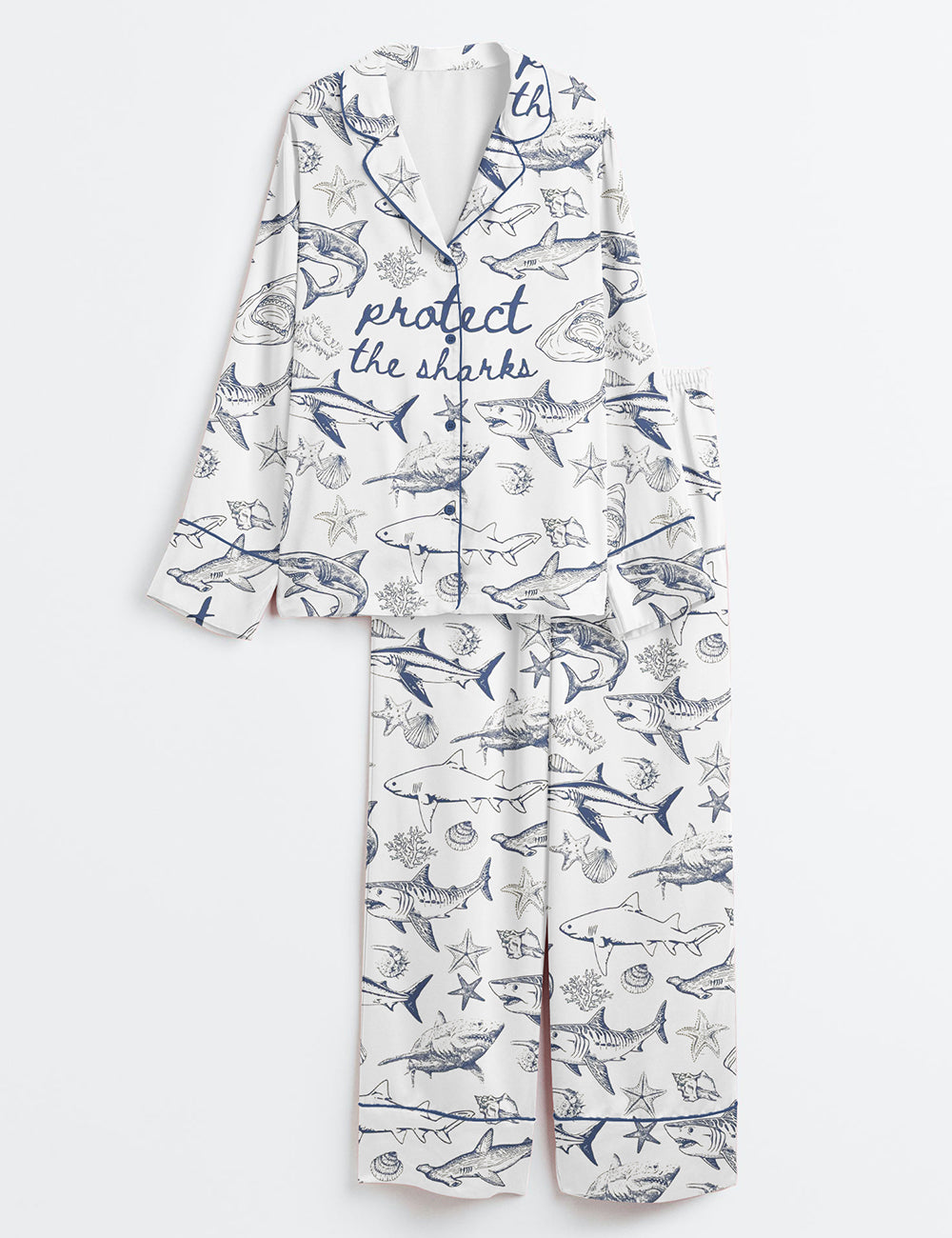 Women’s Protect The Sharks Ocean Conservation White Shark Eras Tour Shark Lover Print Long Sleeve Satin Pajama Set
