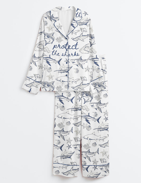 Women’s Protect The Sharks Ocean Conservation White Shark Eras Tour Shark Lover Print Long Sleeve Satin Pajama Set