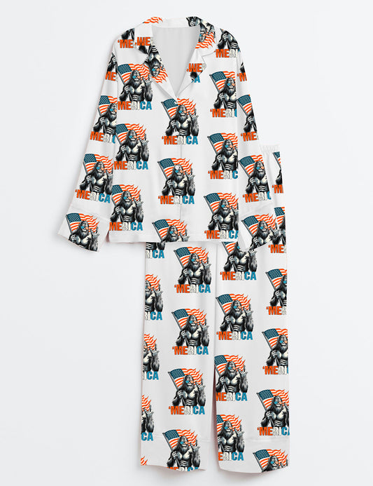 Women’s Bigfoot Merica 4th Of July Rock American Flag Patriotic Independence Day Long Sleeve Satin Pajama Set