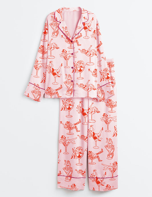 Women’s Cowgirl Girl Woman In Martini Glass Mermaid Catgirl In Glass Long Sleeve Satin Pajama Set