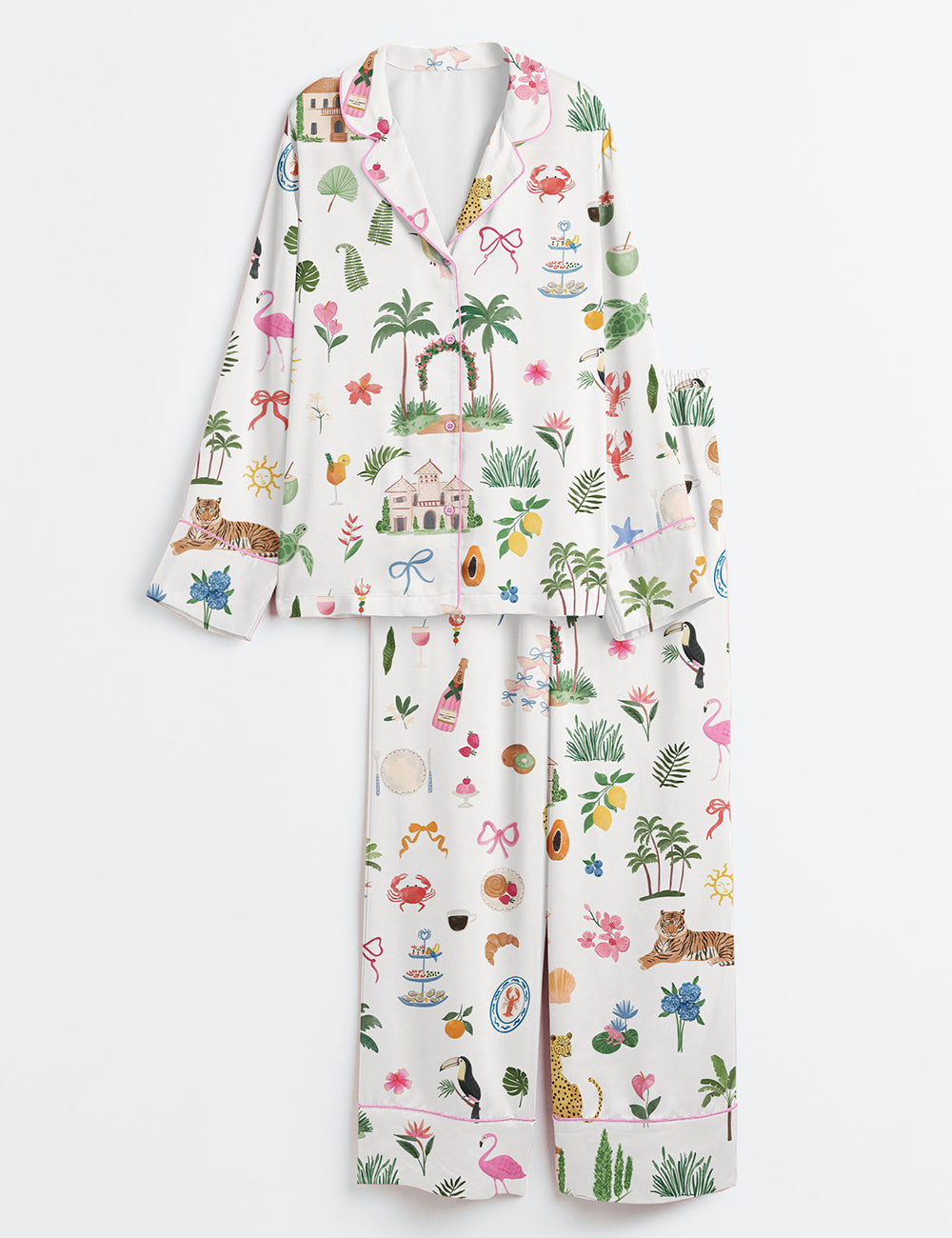 Women’s Summer Beach Watercolor Whimsical Coastal Icons Palm Tree Wedding Party Print Long Sleeve Satin Pajama Set