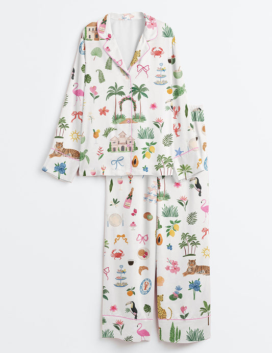 Women’s Summer Beach Watercolor Whimsical Coastal Icons Palm Tree Wedding Party Print Long Sleeve Satin Pajama Set