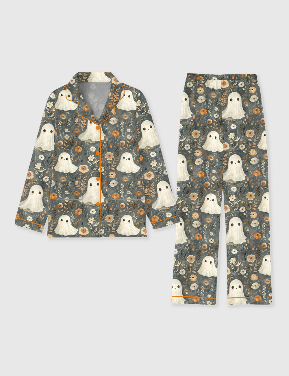Women's Halloween Cute Ghosts And Pumpkins Long Sleeve Pocket Cotton Pajama Set