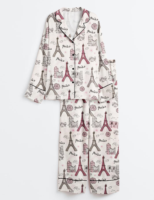 Women’s Girls Trip Paris Vacation Travel Long Sleeve Satin Pajama Set