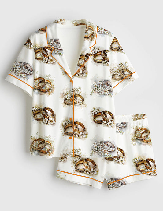 Women’s Wedding Ring Marriage Bride Groom Short Sleeve Satin Pajama Set