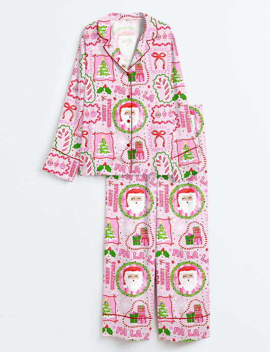Women’s Pink Christmas Trendy Christmas Tree Merry Christmas Fa La La Christmas Snow Print Long Sleeve Satin Pajama Set