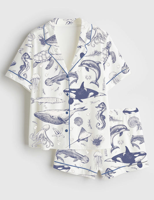 Women’s Sea Animal Ocean Nature Sealife Ocean Whale Orca Turtle Dolphin Short Sleeve Satin Pajama Set