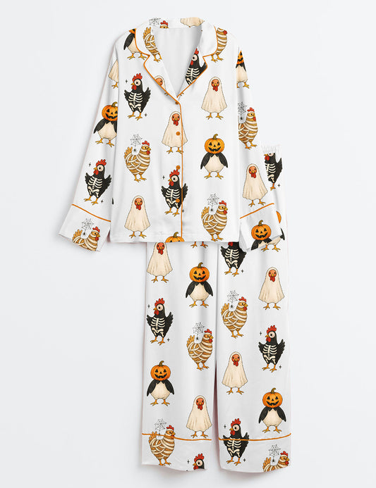Women’s Chick Or Treat Spooky Chicken Halloween Long Sleeve Satin Pajama Set