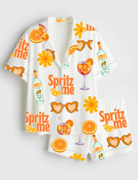 Women’s Last Spritz As A Miss Aperol Spritz Bachelorette Spritz Me Orange Party Print Short Sleeve Satin Pajama Set