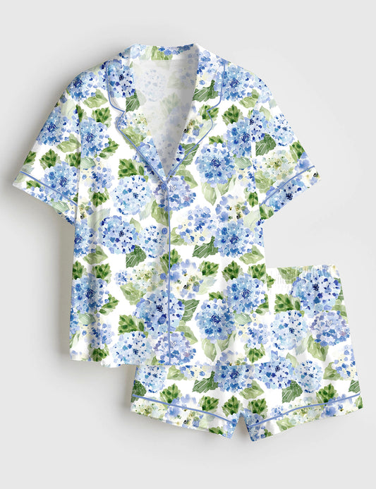 Women’s Blue Hydrangea Floral Short Sleeve Satin Pajama Set