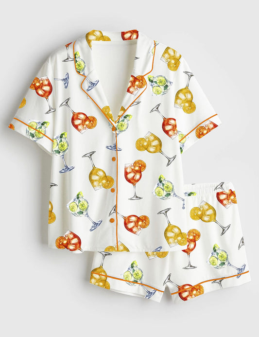 Women’s Aperol Hugo Limoncello Spritz Bar Cocktails Aperol Spritz Trio Watercolor Print Short Sleeve Satin Pajama Set