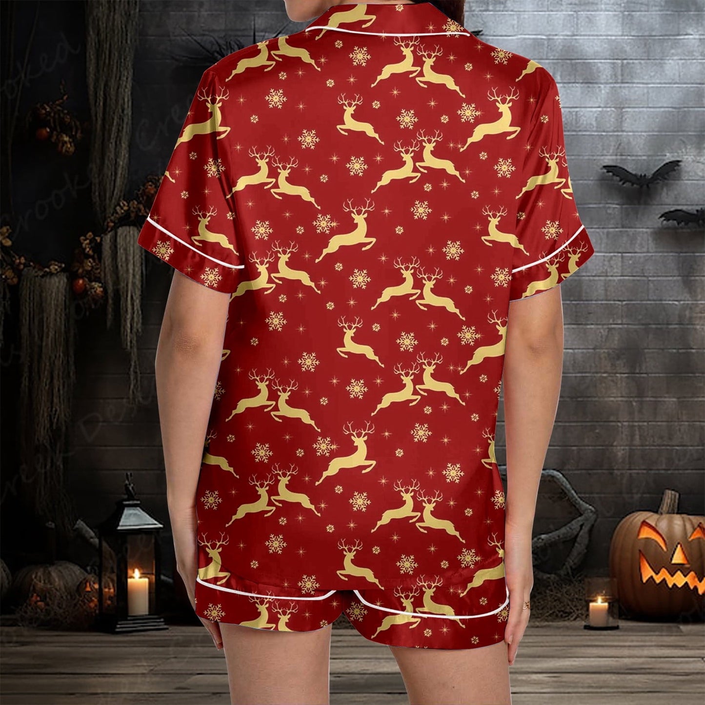 Womens Pajama Sets Ladies Christmas Reindeer Print Silk Satin Short Sleeved Button Up Set Wine Women's Sleepwear L