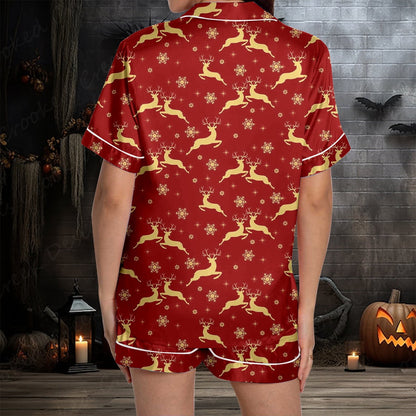 Womens Pajama Sets Ladies Christmas Reindeer Print Silk Satin Short Sleeved Button Up Set Wine Women's Sleepwear L
