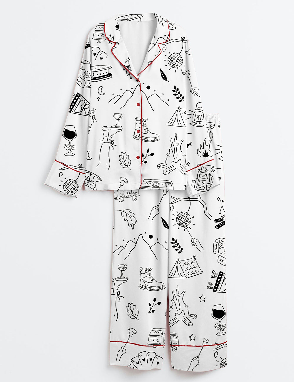 Women’s Camp Bachelorette Hand Drawn Mountain Hiking Glamping Girls Trip Print Long Sleeve Satin Pajama Set