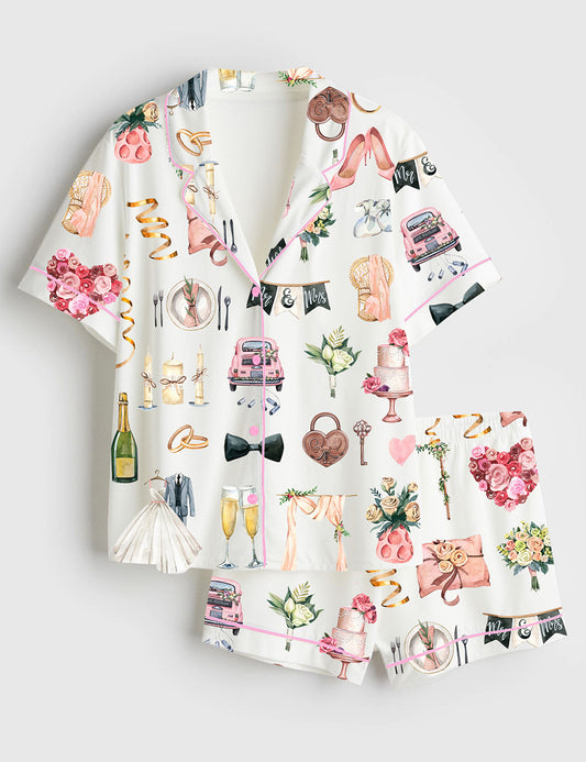 Women’s Wedding Watercolor Bride Marriage Clipart Short Sleeve Satin Pajama Set