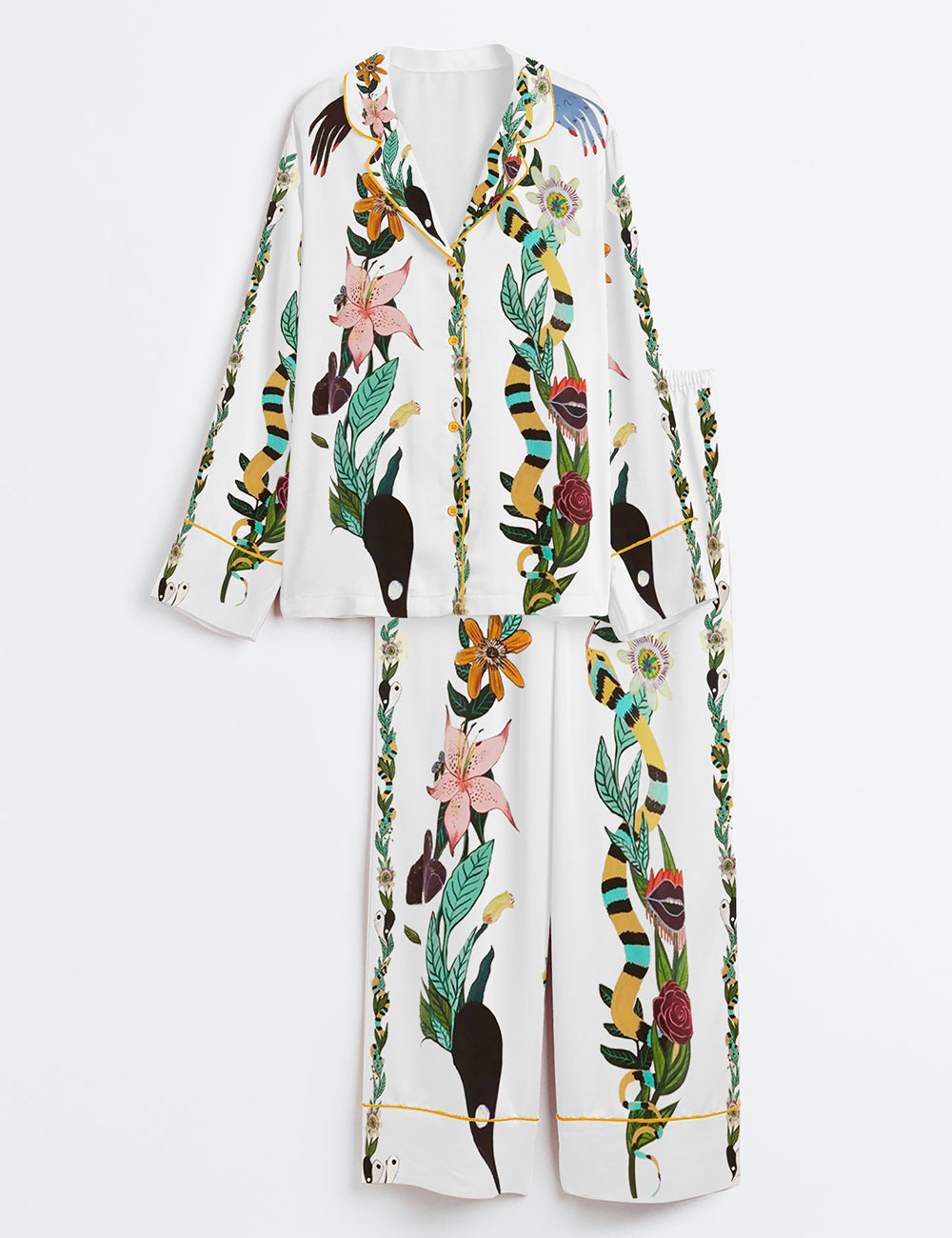 Women’s Special Flowers Hands Lips Long Sleeve Satin Pajama Set