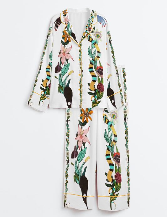 Women’s Special Flowers Hands Lips Long Sleeve Satin Pajama Set