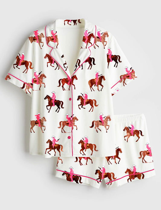 Women's Gangstas Paradise Cowboys Horses Rodeo Short Sleeve Satin Pajama Set
