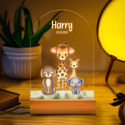 Custom Name Night Light, Woodland Animals Forest LED Light Gift, Wooden Base Baby Gift, Children Bedroom Nursery Light, 1st Birthday Gift