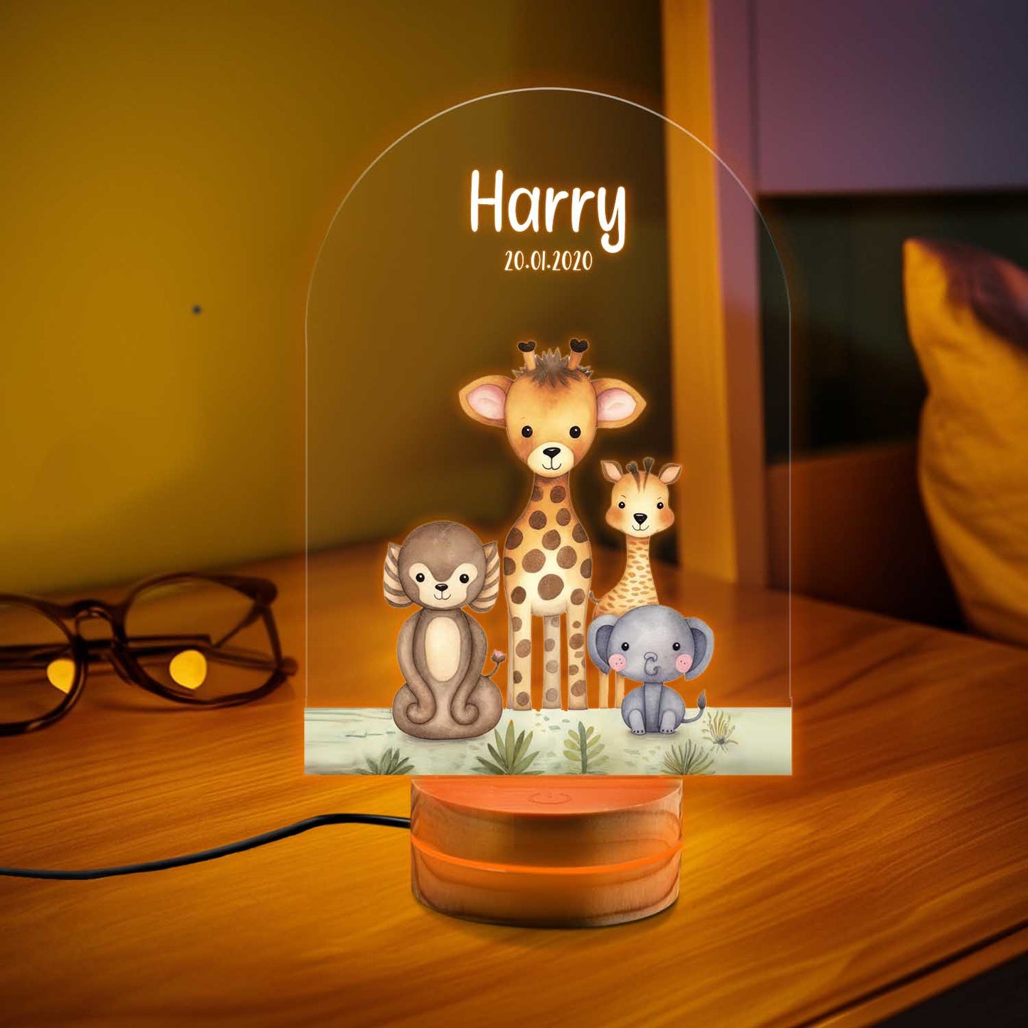 Custom Name Night Light, Woodland Animals Forest LED Light Gift, Wooden Base Baby Gift, Children Bedroom Nursery Light, 1st Birthday Gift