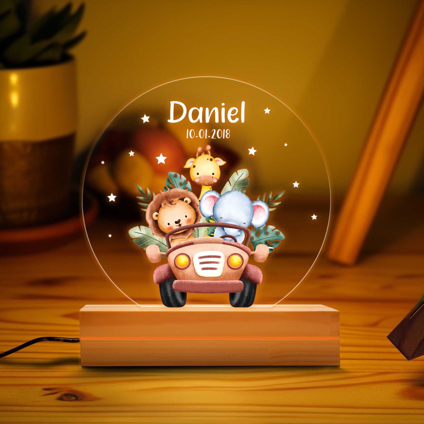 Custom Animal Night Light, Woodland Animals Forest LED Light Gift, Wooden Base Baby Gift, Children Bedroom Nursery Light, 1st Birthday Gift