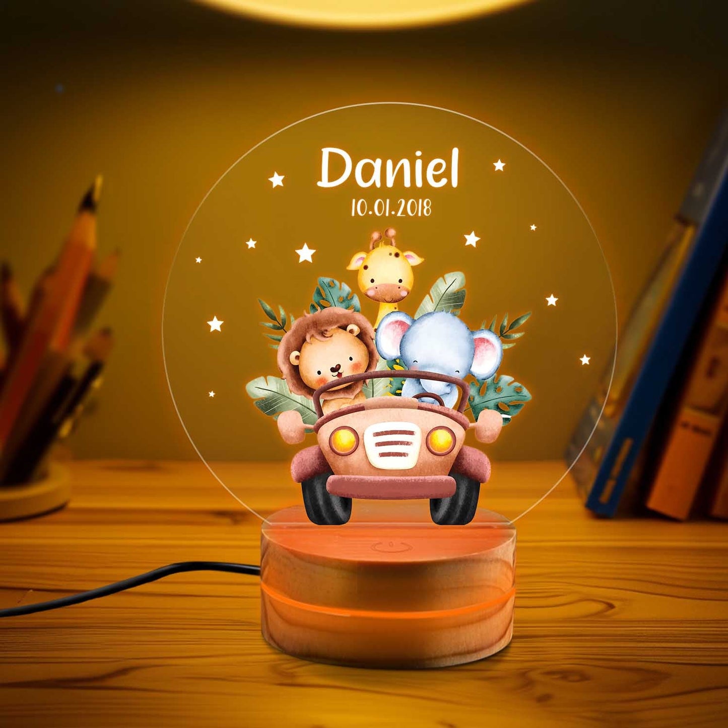 Custom Animal Night Light, Woodland Animals Forest LED Light Gift, Wooden Base Baby Gift, Children Bedroom Nursery Light, 1st Birthday Gift