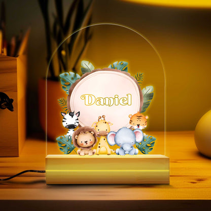 Custom Animal Night Light, Woodland Animals Forest LED Light Gift, Wooden Base Baby Gift, Children Bedroom Nursery Light, 1st Birthday Gift