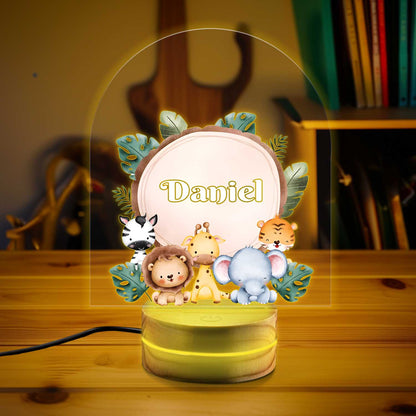 Custom Animal Night Light, Woodland Animals Forest LED Light Gift, Wooden Base Baby Gift, Children Bedroom Nursery Light, 1st Birthday Gift