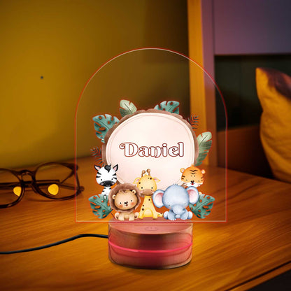 Custom Animal Night Light, Woodland Animals Forest LED Light Gift, Wooden Base Baby Gift, Children Bedroom Nursery Light, 1st Birthday Gift
