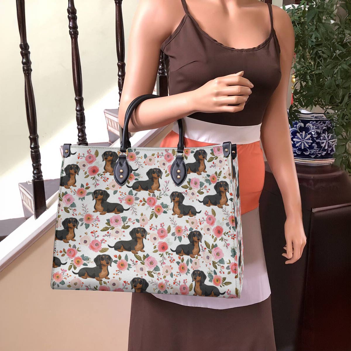 Leather Bag Charming Floral Dachshund