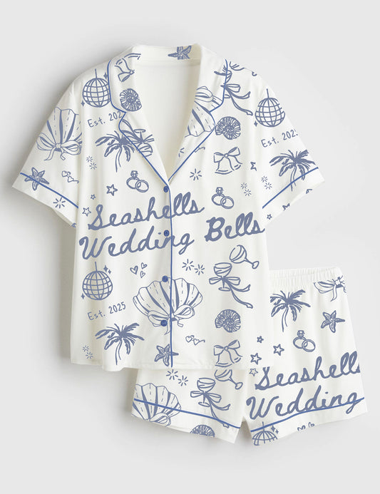 Women’s Seashells And Wedding Bells Bachelorette Beach Bachelorette Seashell Hens Party Print Short Sleeve Satin Pajama Set