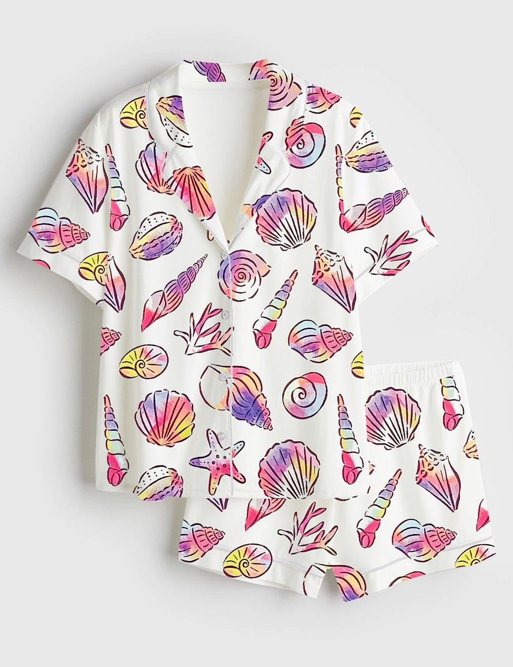 Women’s Summer Beach Vibes Seashell Art Short Sleeve Satin Pajama Set