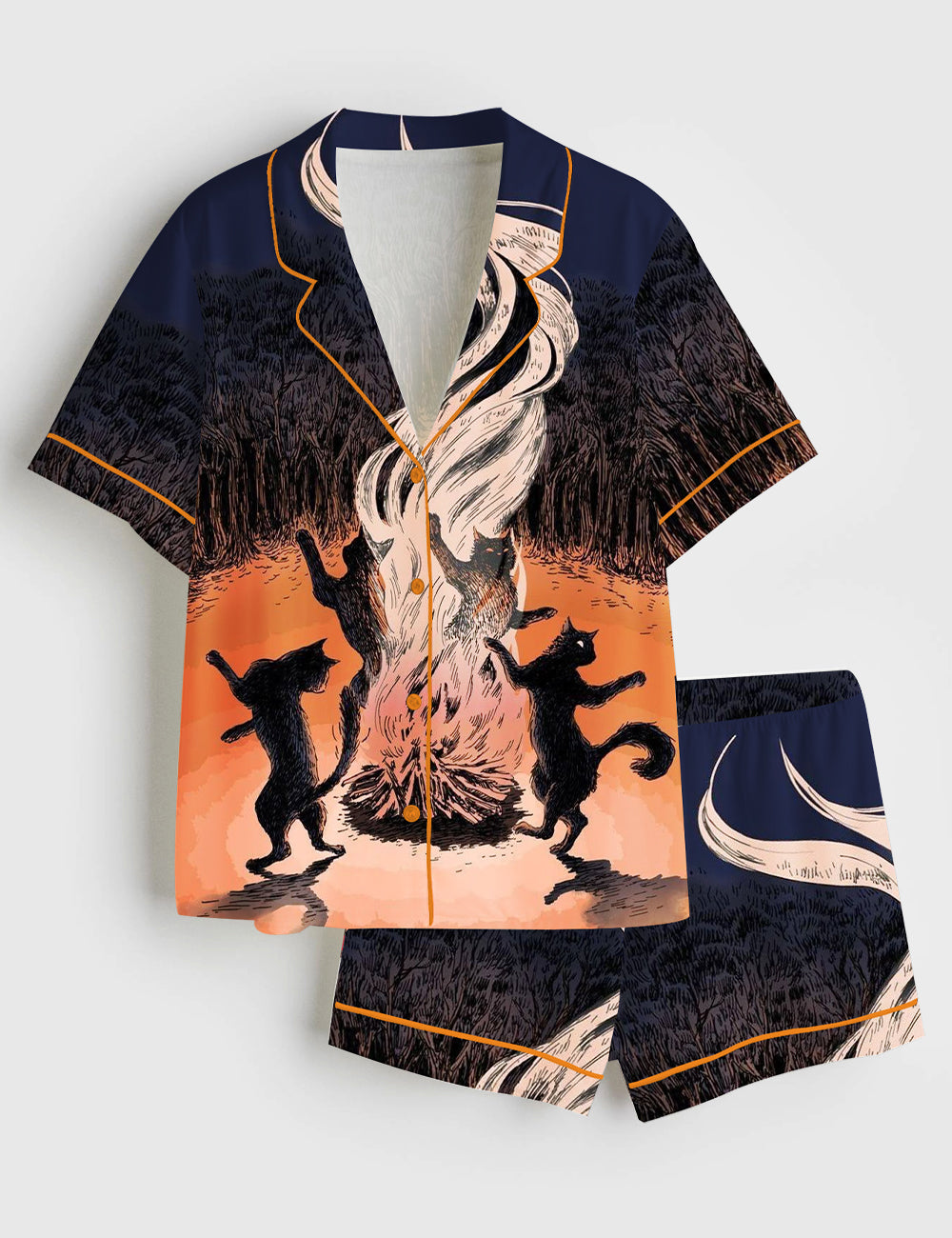 Women’s Black Cat Dancing Around The Bonfire Halloween Short Sleeve Satin Pajama Set