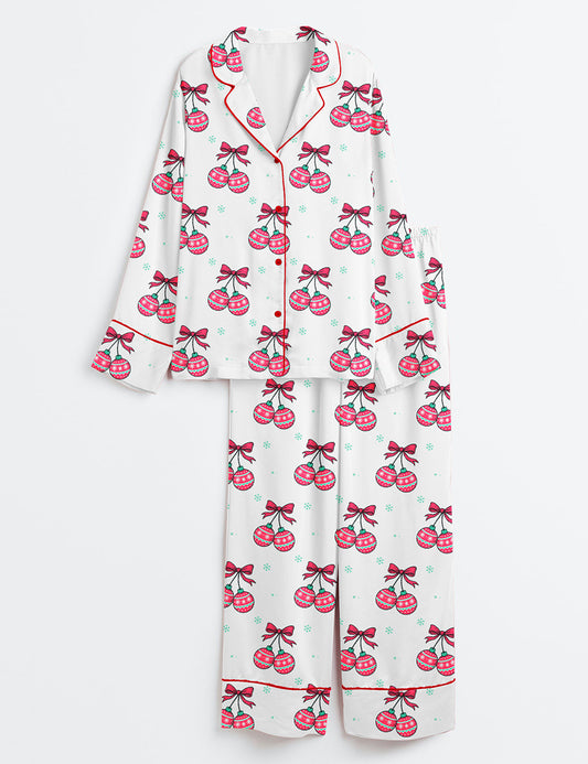 Women’s Coquette Christmas Cherries Long Sleeve Satin Pajama Set