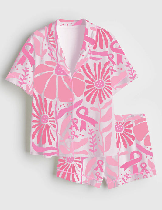 Women’s Breast Cancer Awareness Boho Floral Pink Ribbon Short Sleeve Satin Pajama Set