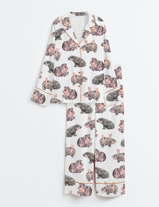 Women's Moo Deng Baby Hippo Satin Long Sleeve Pajama Set